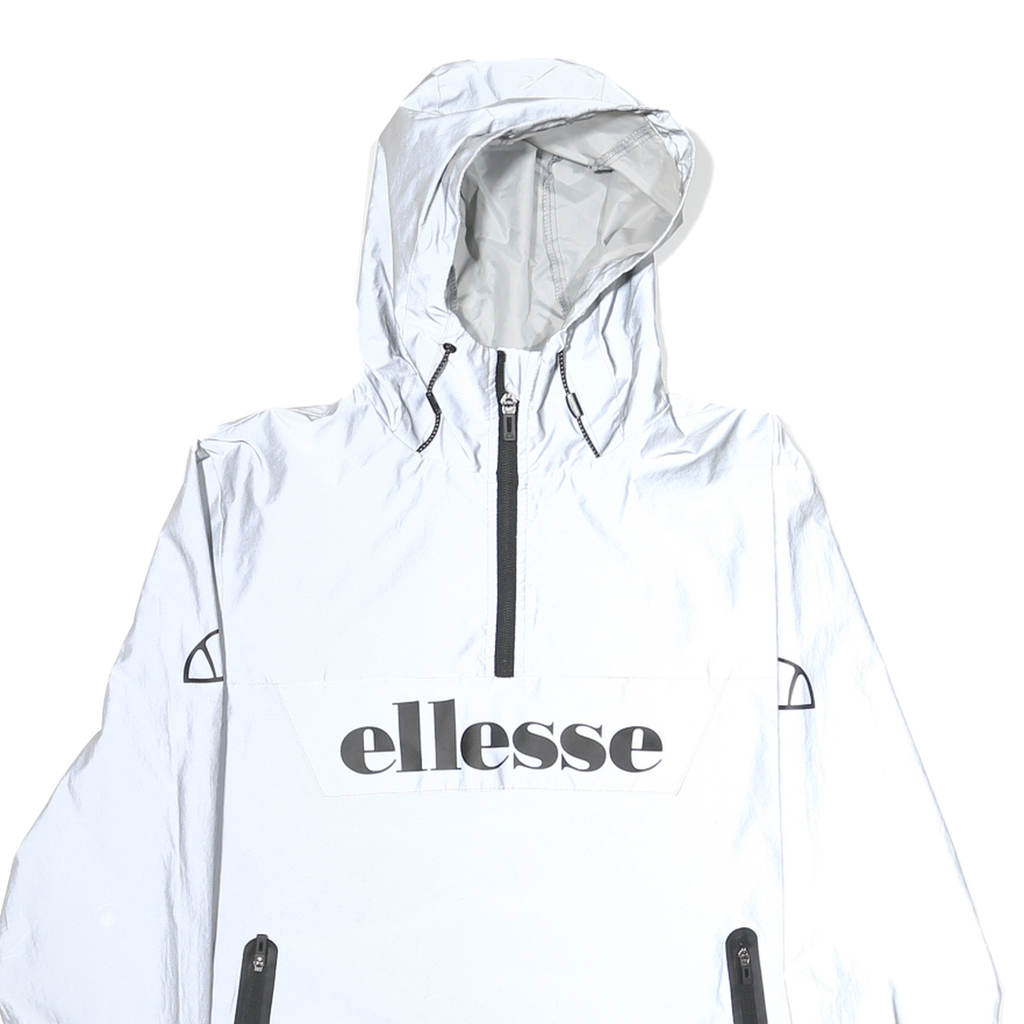 ELLESSE Womens White Nylon Hooded Jacket UK 8 Zip Plain Lightweight Sports