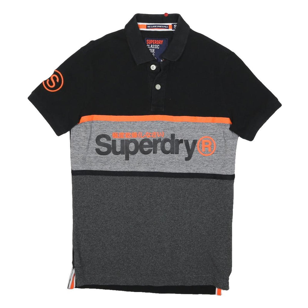 SUPERDRY Mens Black Grey & Orange Short Sleeve Colourblock Polo Shirt S Cotton