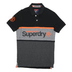SUPERDRY Mens Black Grey & Orange Short Sleeve Colourblock Polo Shirt S Cotton