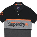 SUPERDRY Mens Black Grey & Orange Short Sleeve Colourblock Polo Shirt S Cotton