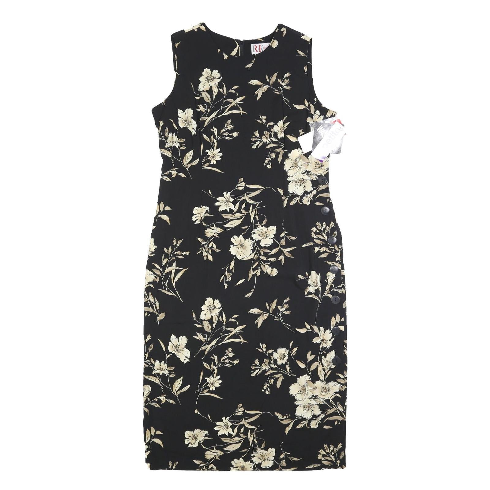 R&K Womens Black & Beige Floral Sleeveless Midi Dress Polyester L Elegant Casual