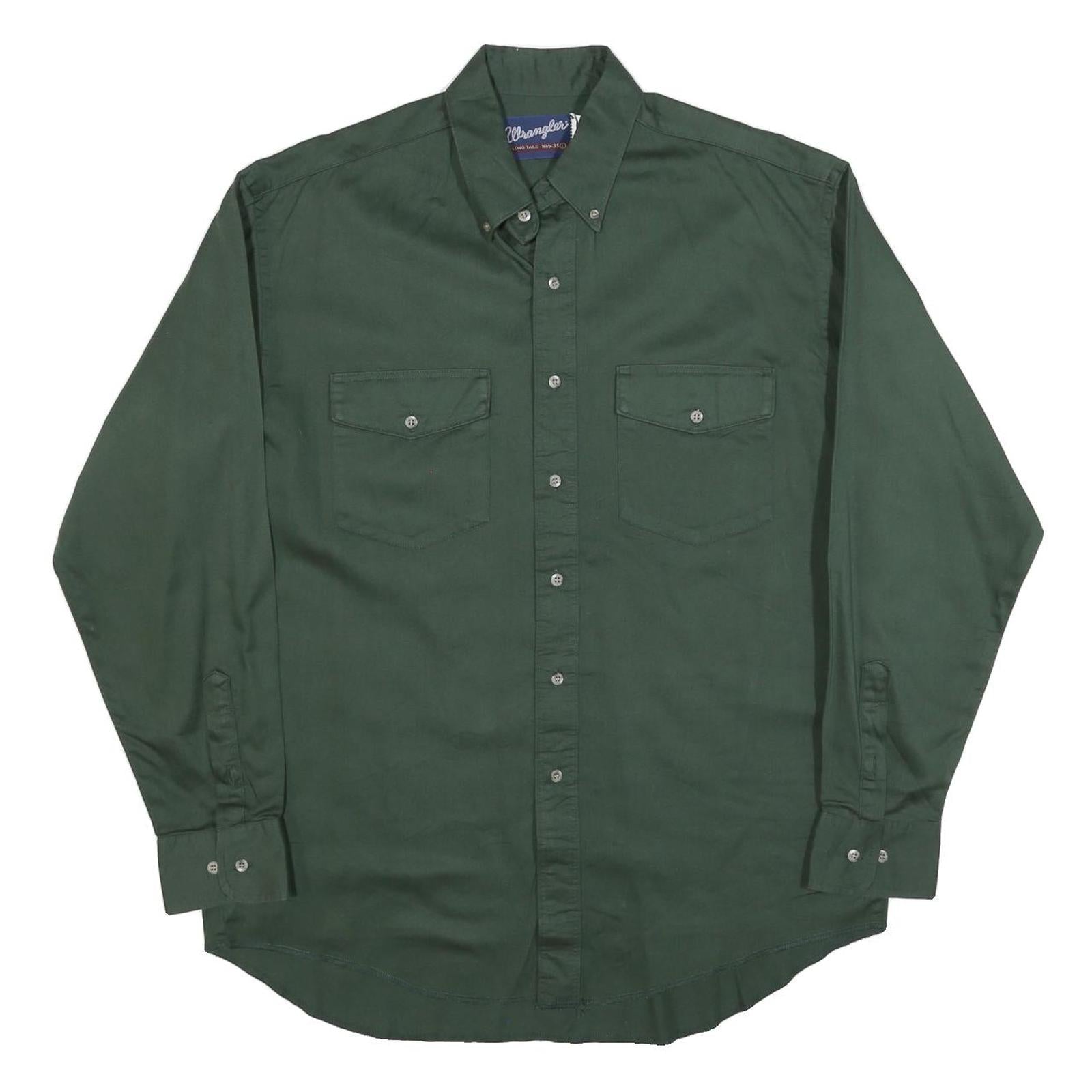 WRANGLER Mens Green Plain Button Down Shirt L Long Sleeve Cotton Blend Casual