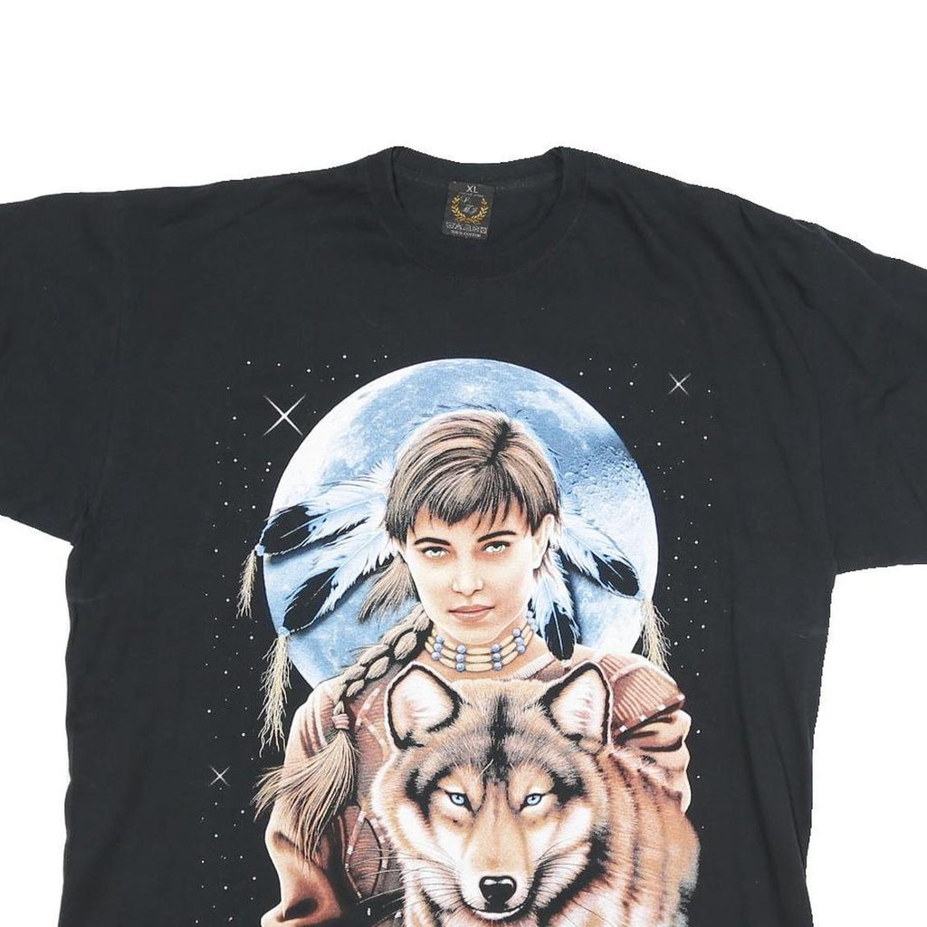 Mens Black Cotton Blend Graphic T-Shirt XL Short Sleeve Crew Neck Wolf Print
