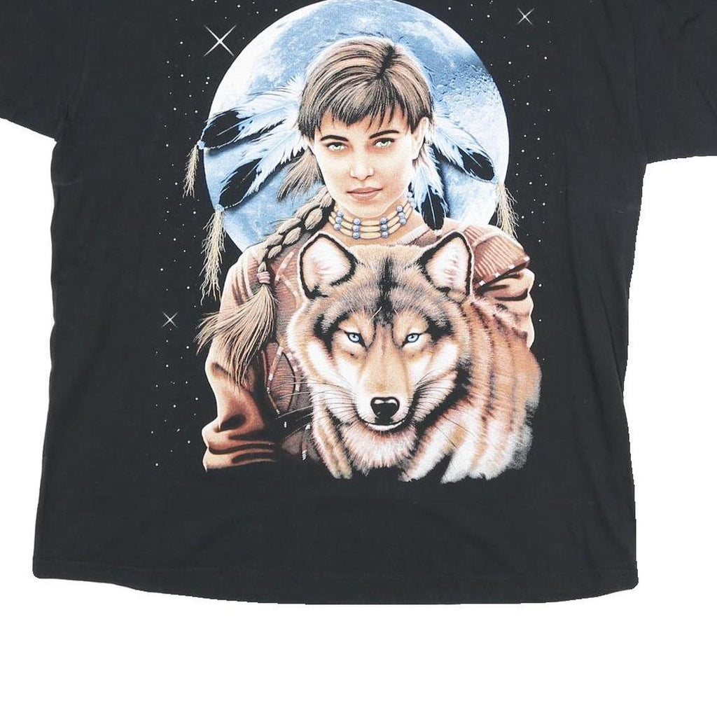Mens Black Cotton Blend Graphic T-Shirt XL Short Sleeve Crew Neck Wolf Print