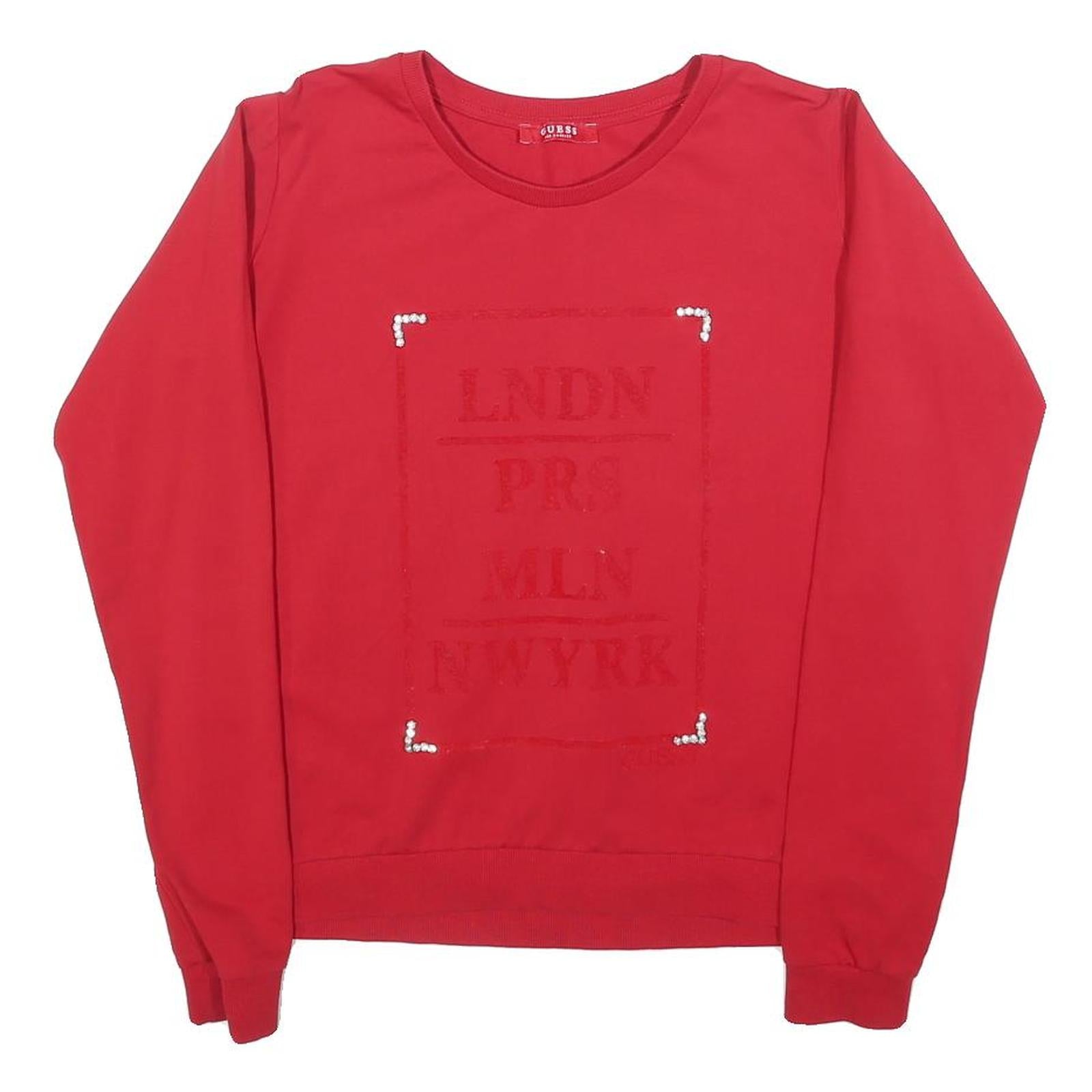 GUESS Womens Red Sweatshirt Crew Neck S LNDN PR MLN NWYRK Pullover Cotton