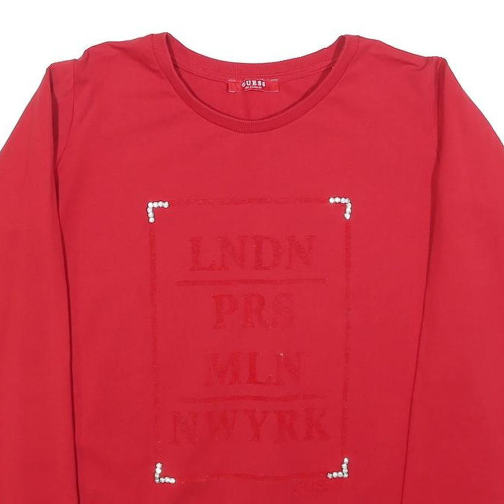 GUESS Womens Red Sweatshirt Crew Neck S LNDN PR MLN NWYRK Pullover Cotton