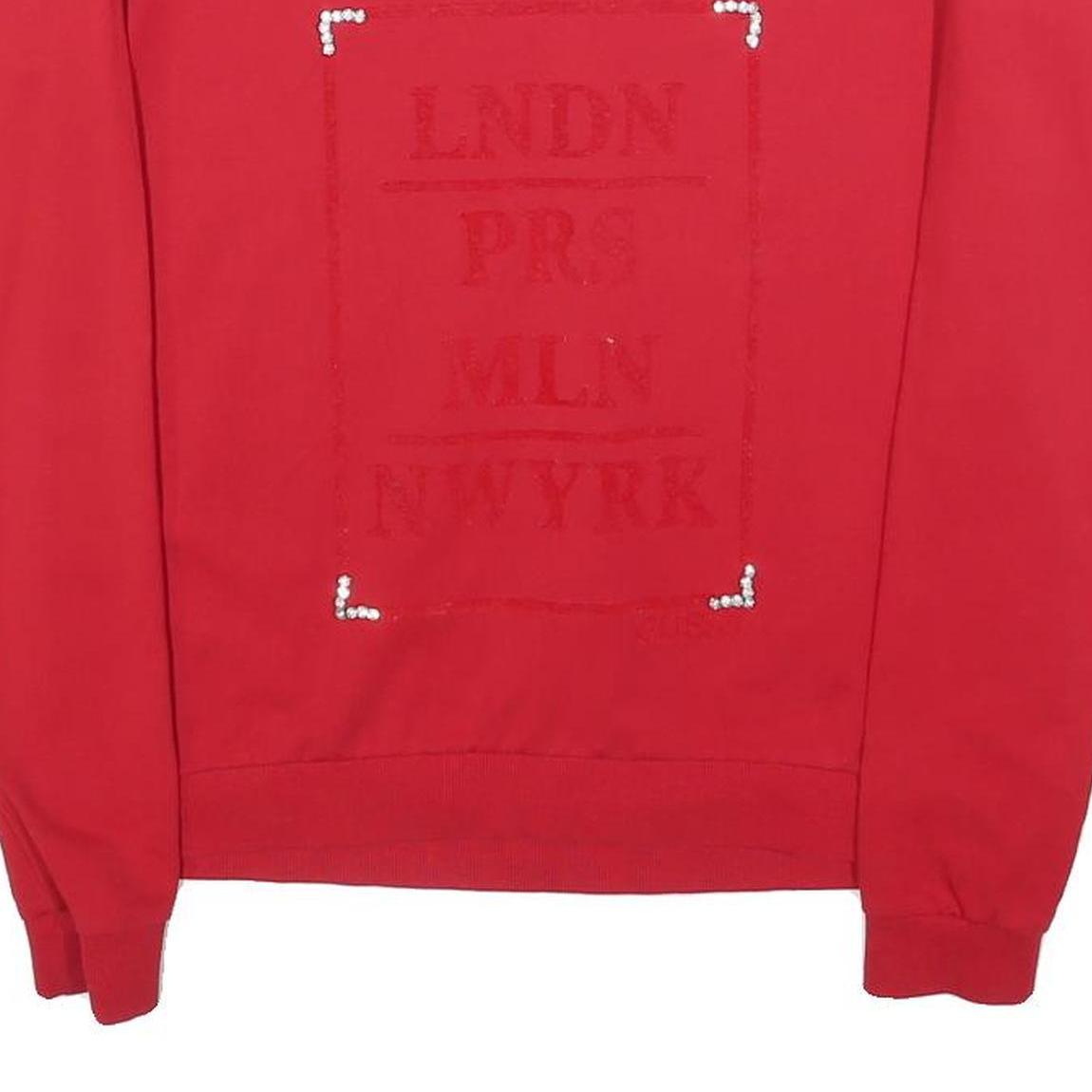 GUESS Womens Red Sweatshirt Crew Neck S LNDN PR MLN NWYRK Pullover Cotton