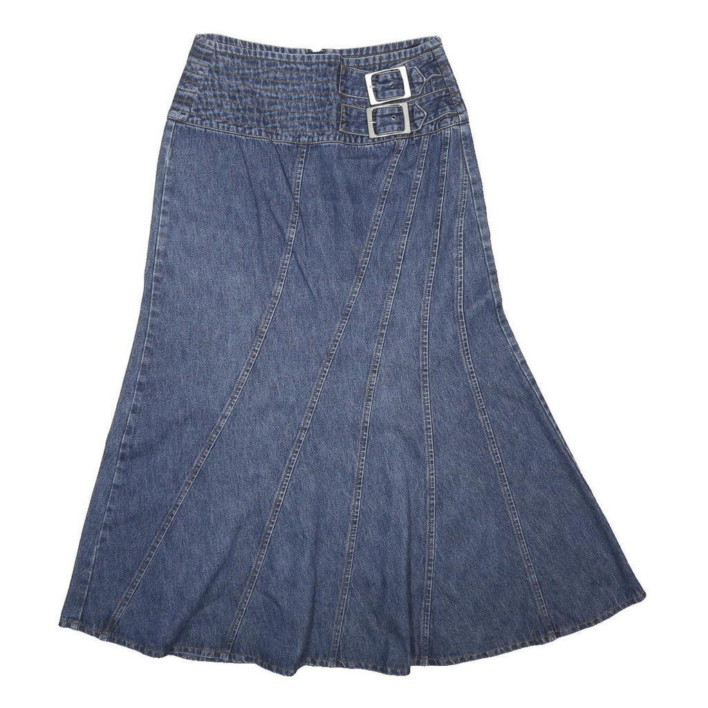 Womens Blue Denim A-Line Midi Cotton Skirt UK 12 Belt Buckle Detail