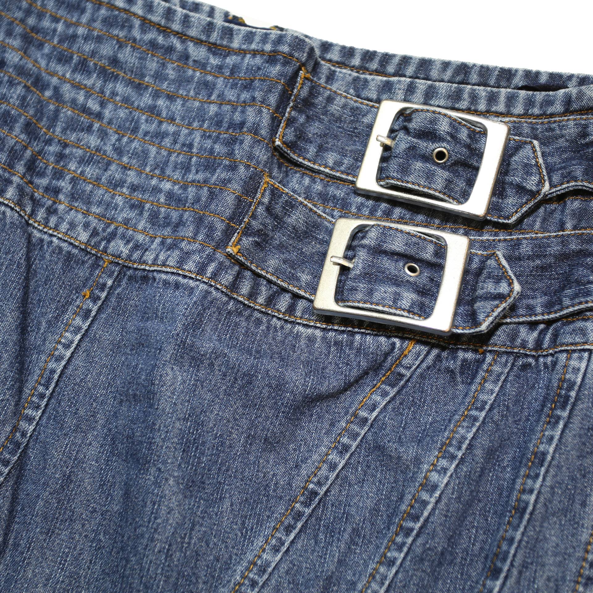 Womens Blue Denim A-Line Midi Cotton Skirt UK 12 Belt Buckle Detail