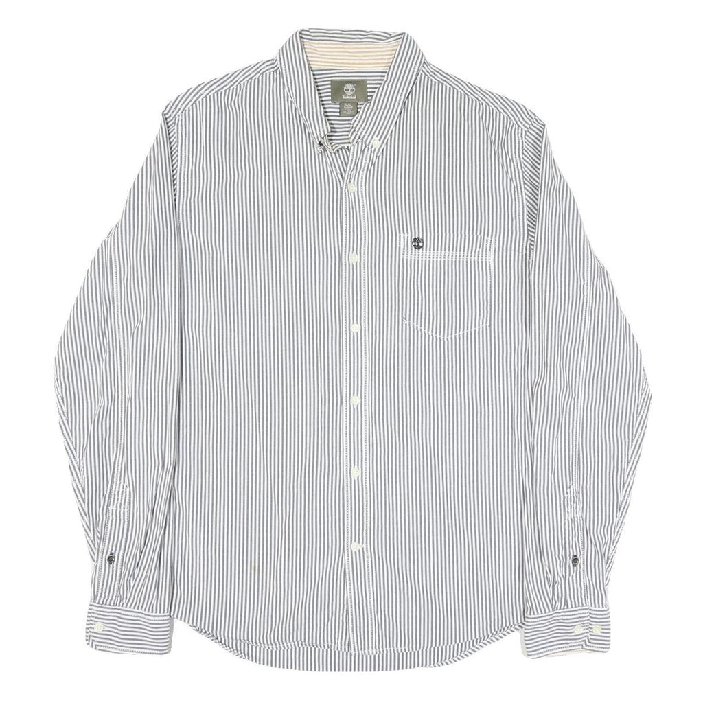 TIMBERLAND Mens White & Grey Striped Cotton Blend Shirt L Button-Down Pocket
