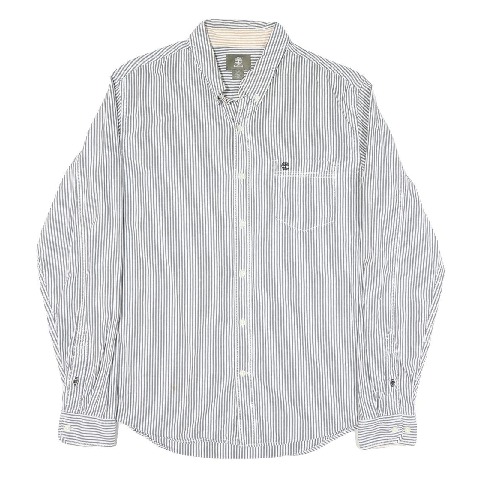 TIMBERLAND Mens White & Grey Striped Cotton Blend Shirt L Button-Down Pocket