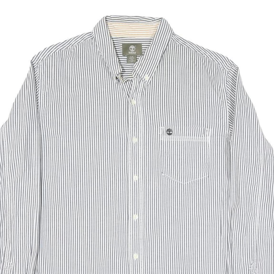 TIMBERLAND Mens White & Grey Striped Cotton Blend Shirt L Button-Down Pocket