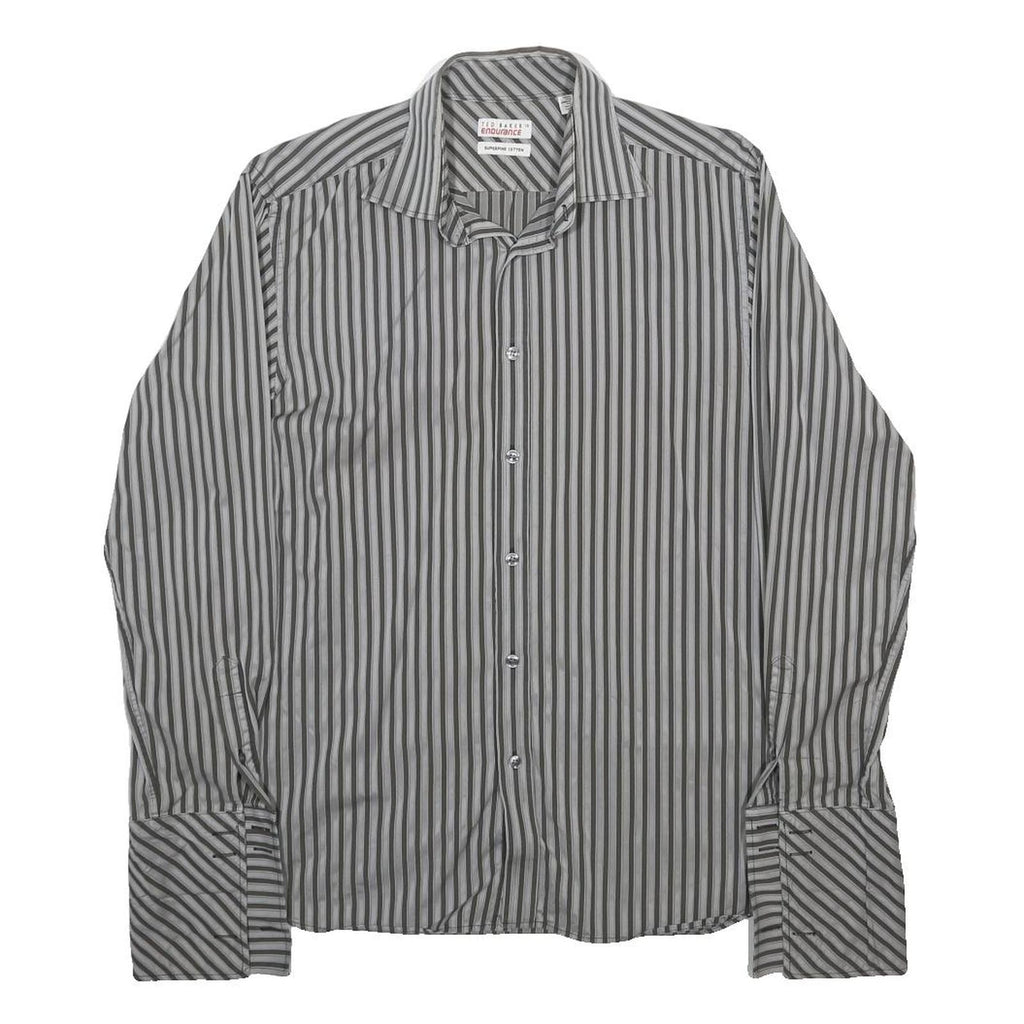 TED BAKER Mens Black & Grey Striped Shirt L Classic Cotton Long Sleeve Formal