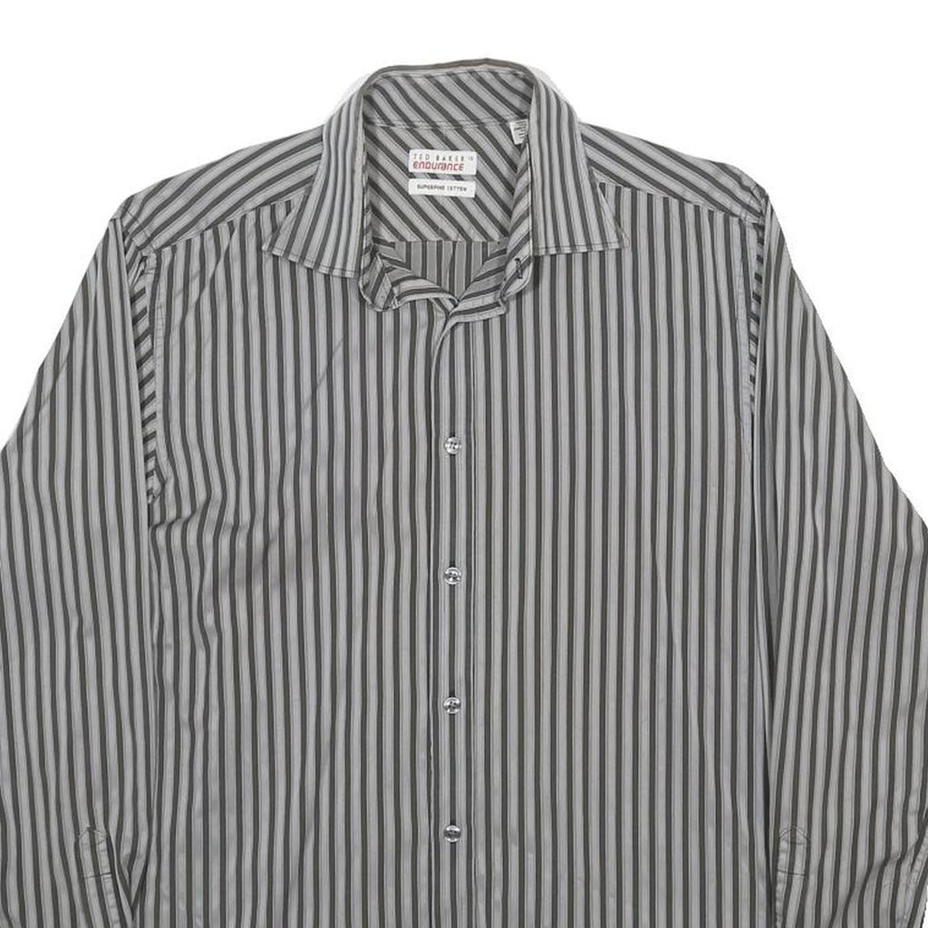 TED BAKER Mens Black & Grey Striped Shirt L Classic Cotton Long Sleeve Formal