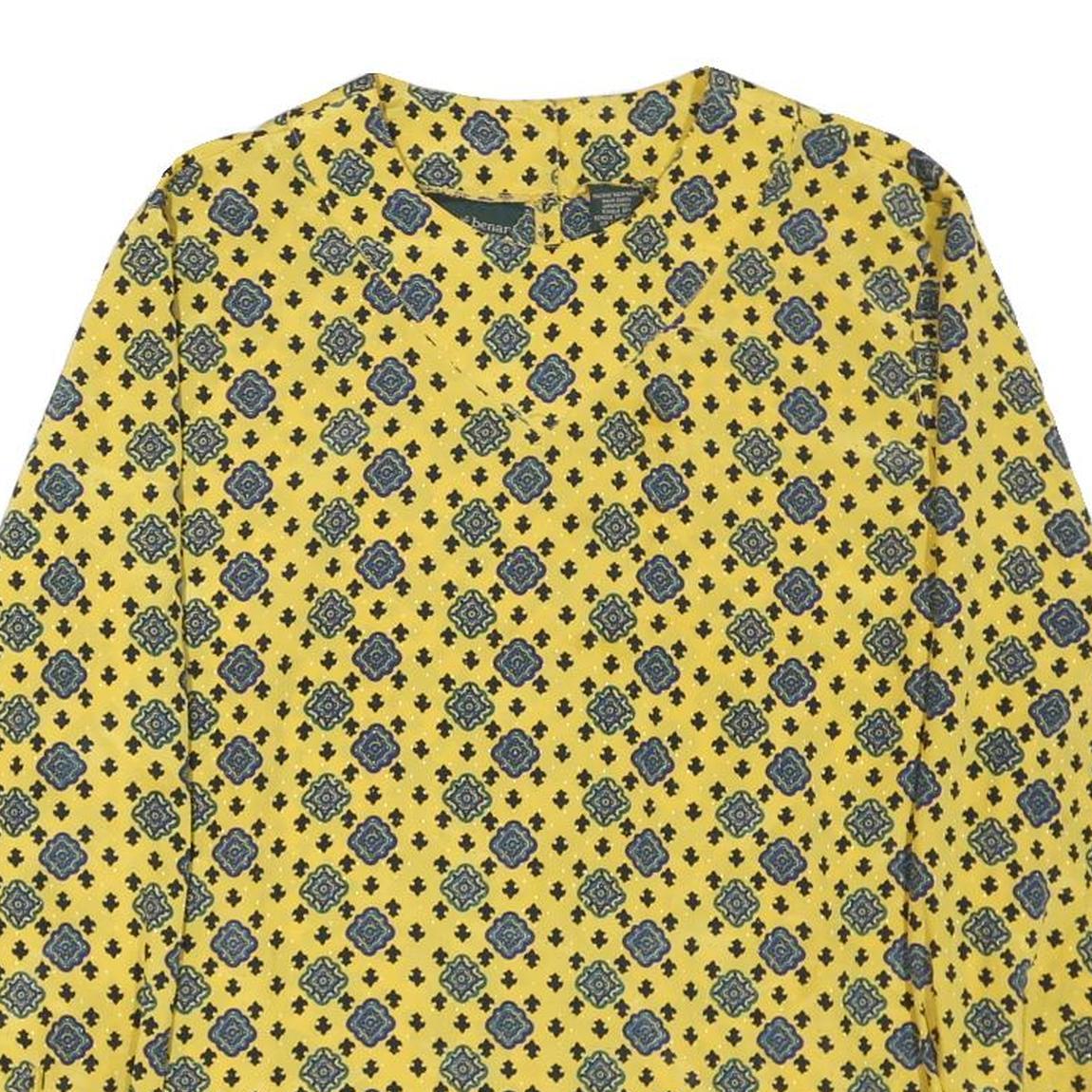 Womens Yellow Printed Long Sleeve Round Neck Top L Lightweight Patterned