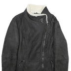 Womens Black Shearling Jacket M Zip Closure Plain Stylish Warm Winter Outerwear