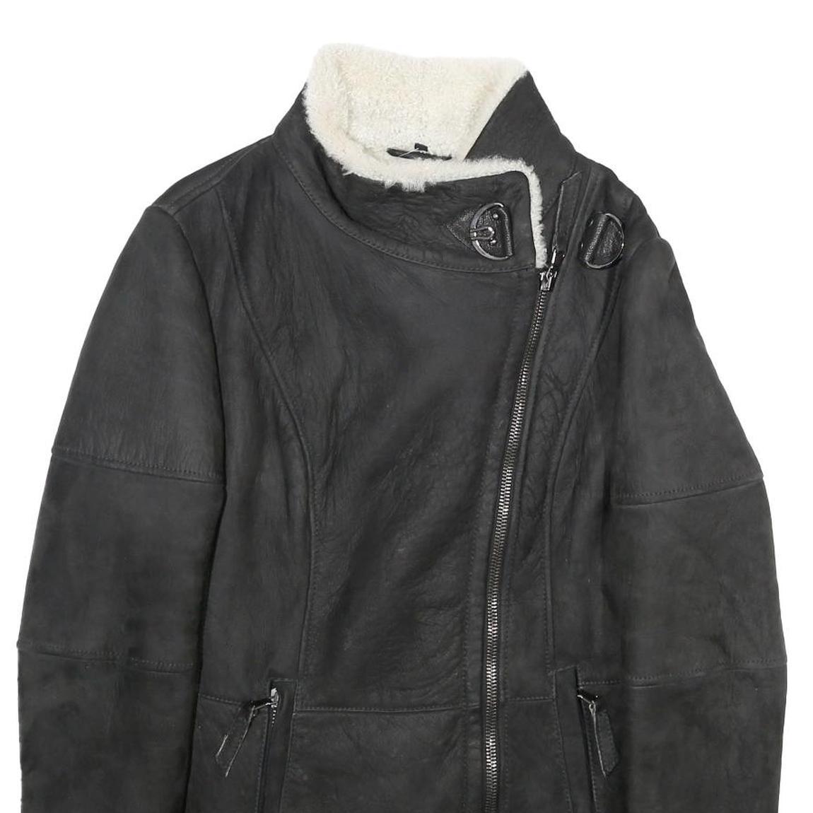 Womens Black Shearling Jacket M Zip Closure Plain Stylish Warm Winter Outerwear