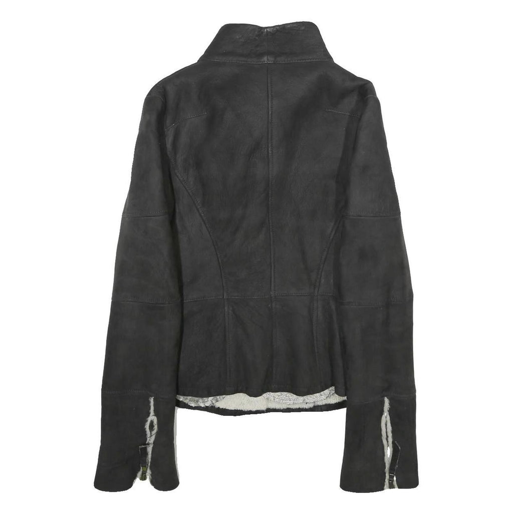 Womens Black Shearling Jacket M Zip Closure Plain Stylish Warm Winter Outerwear