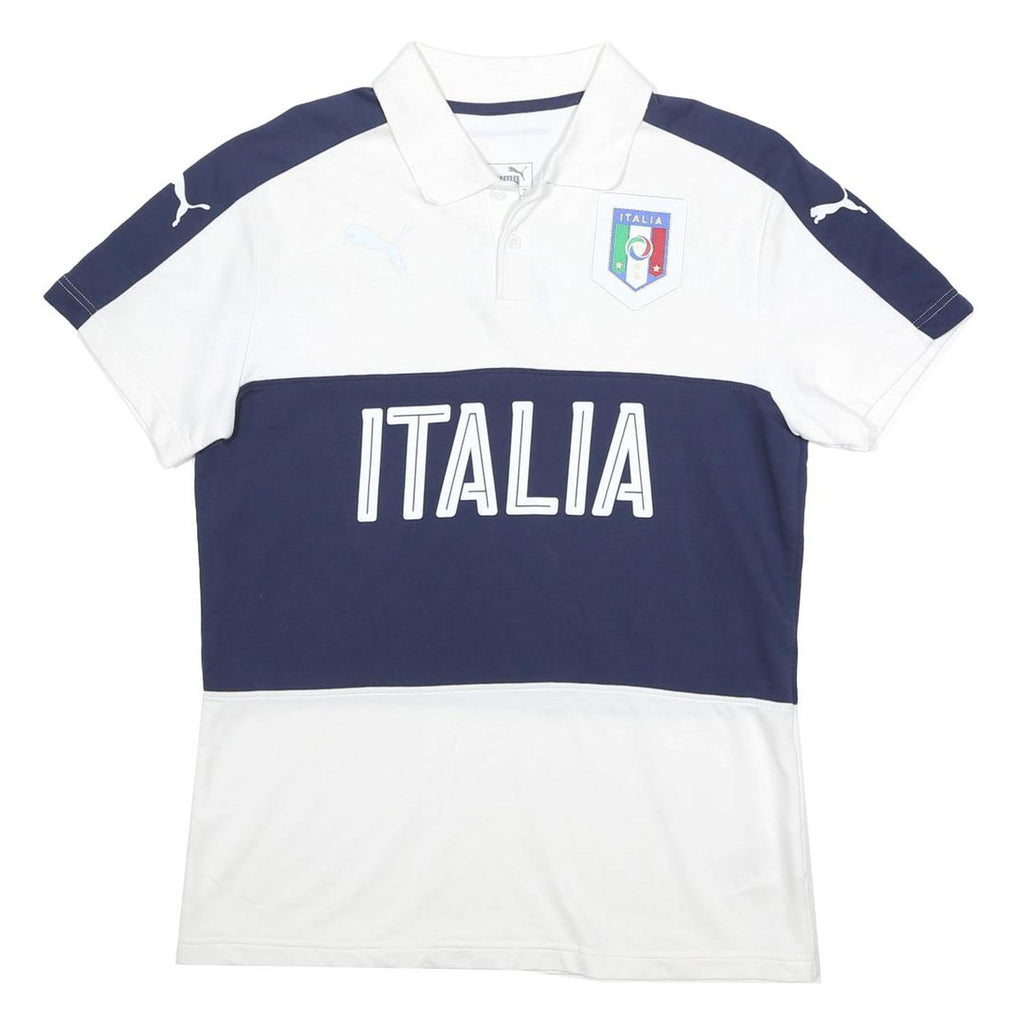 PUMA Mens White & Navy Italia Short Sleeve Plain L Cotton Blend Polo Shirt