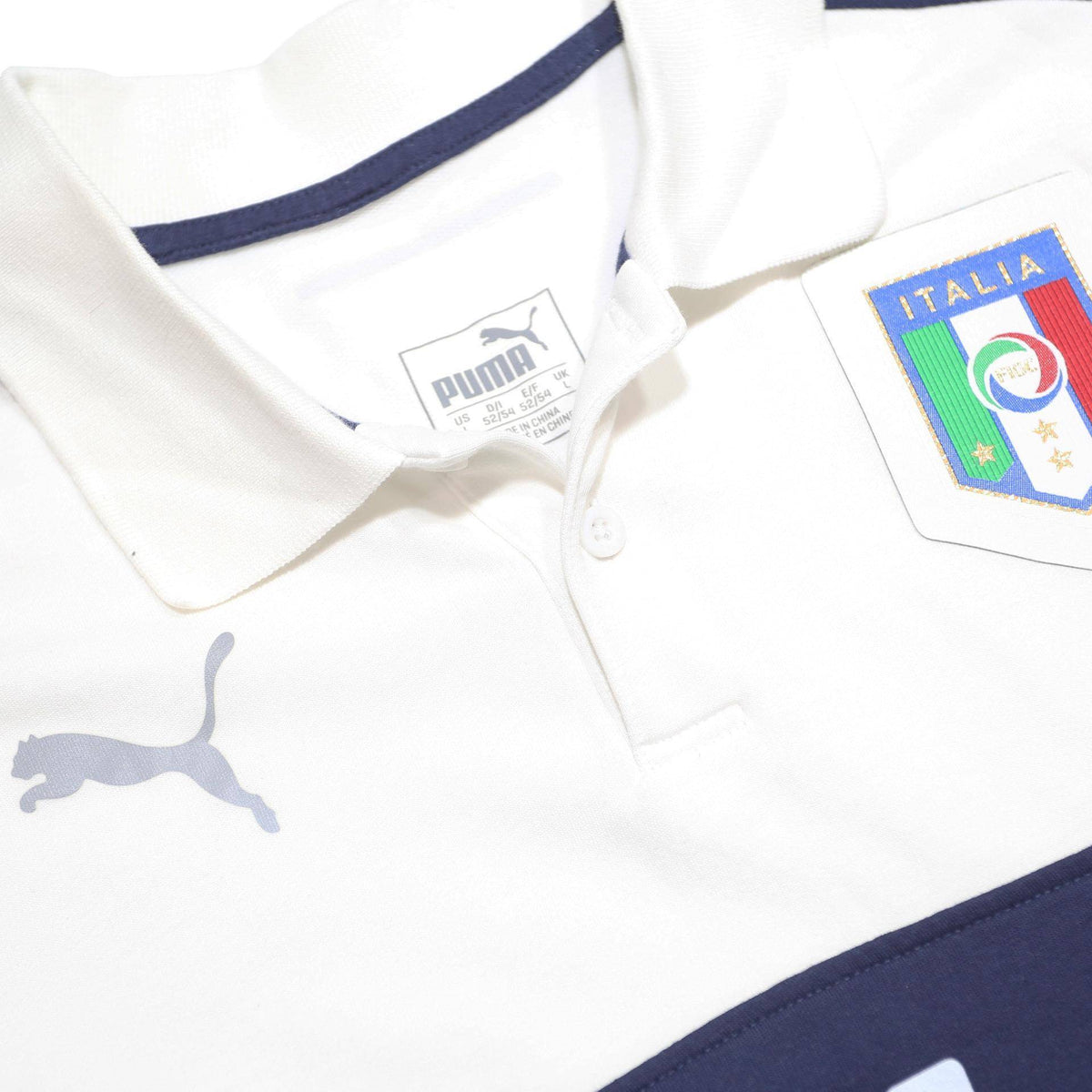 PUMA Mens White & Navy Italia Short Sleeve Plain L Cotton Blend Polo Shirt
