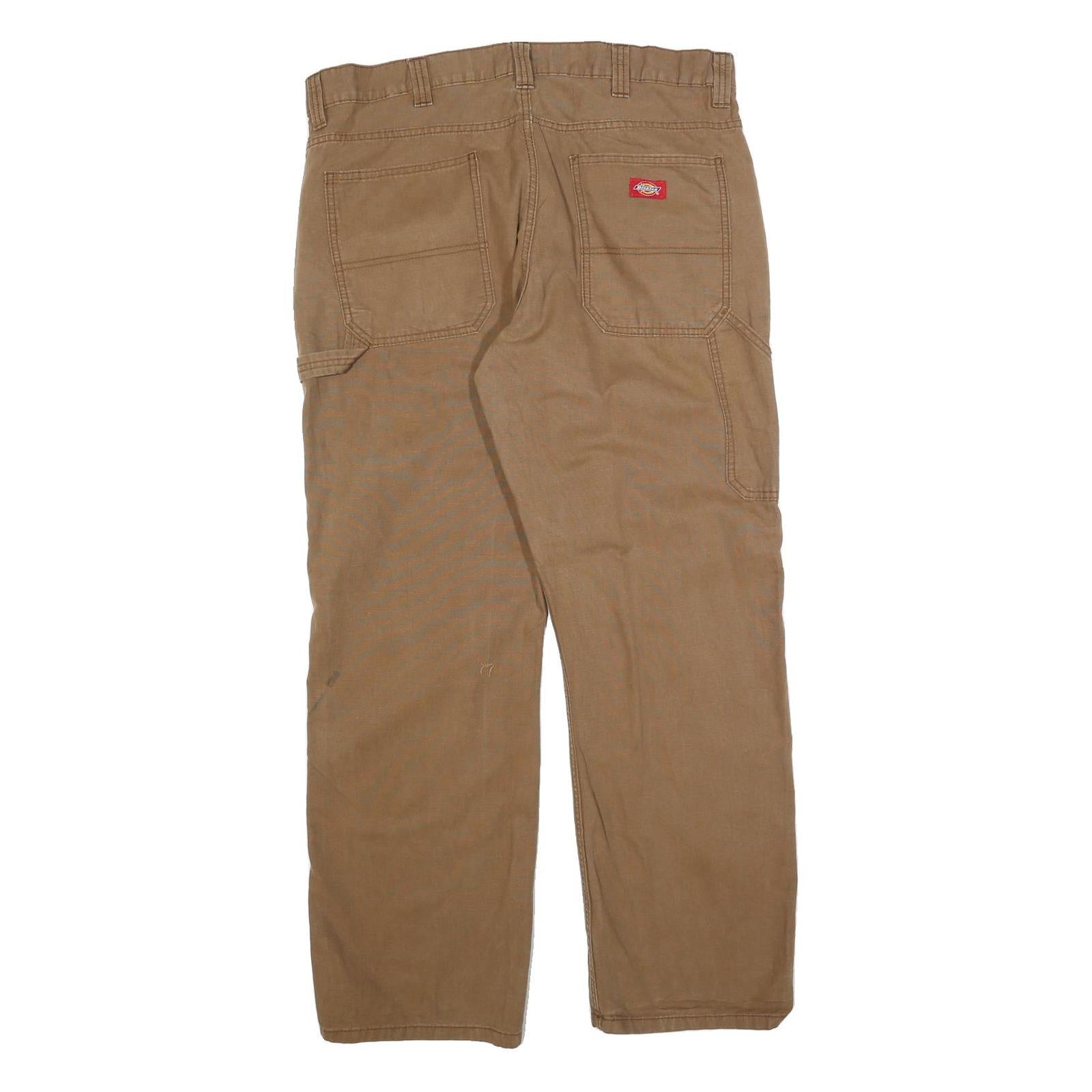 DICKIES Mens Cotton Blend Brown Regular Straight Trousers W36 L32 Workwear Zip