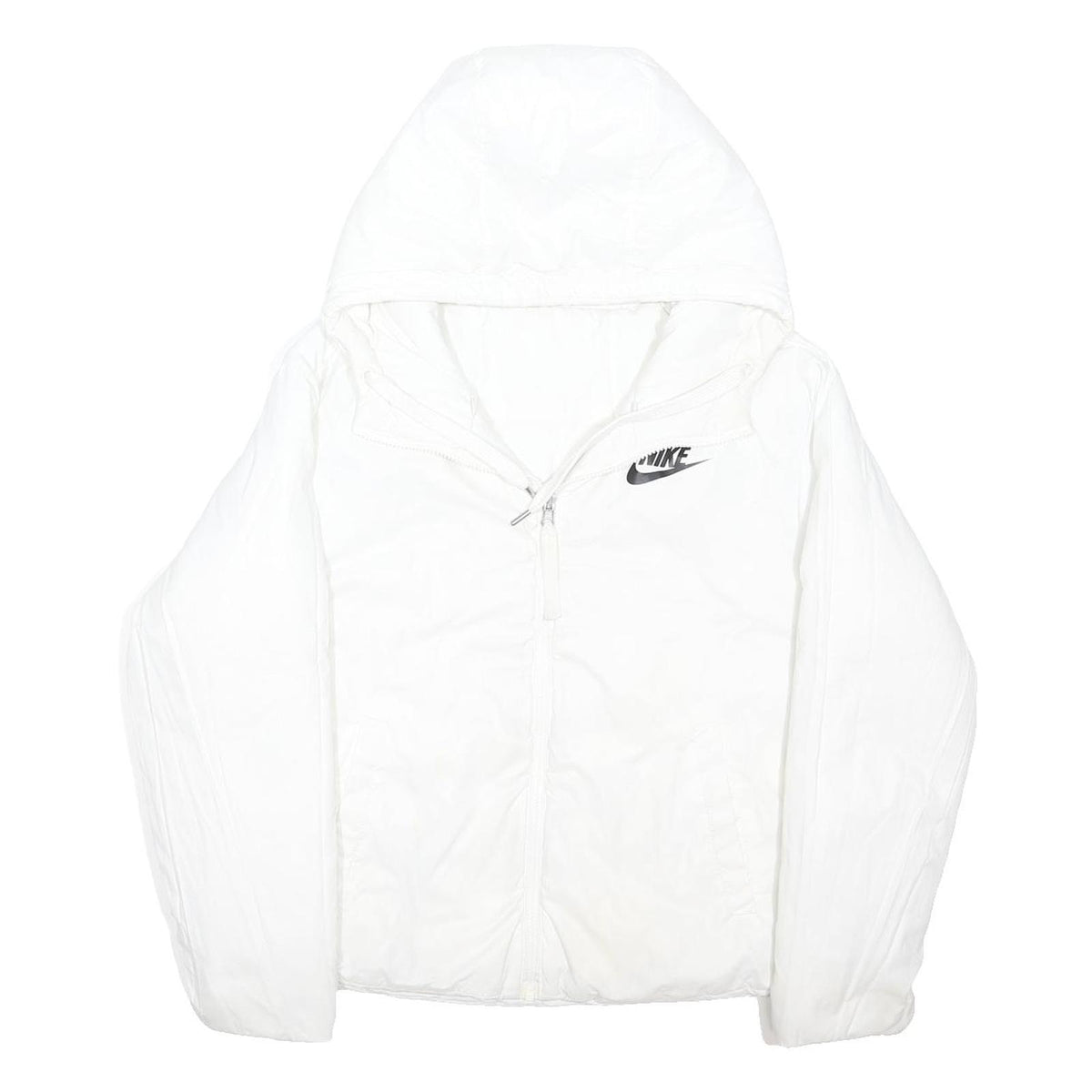 NIKE Womens White Hooded Zip Jacket L Polyester Blend Plain Lightweight Sports