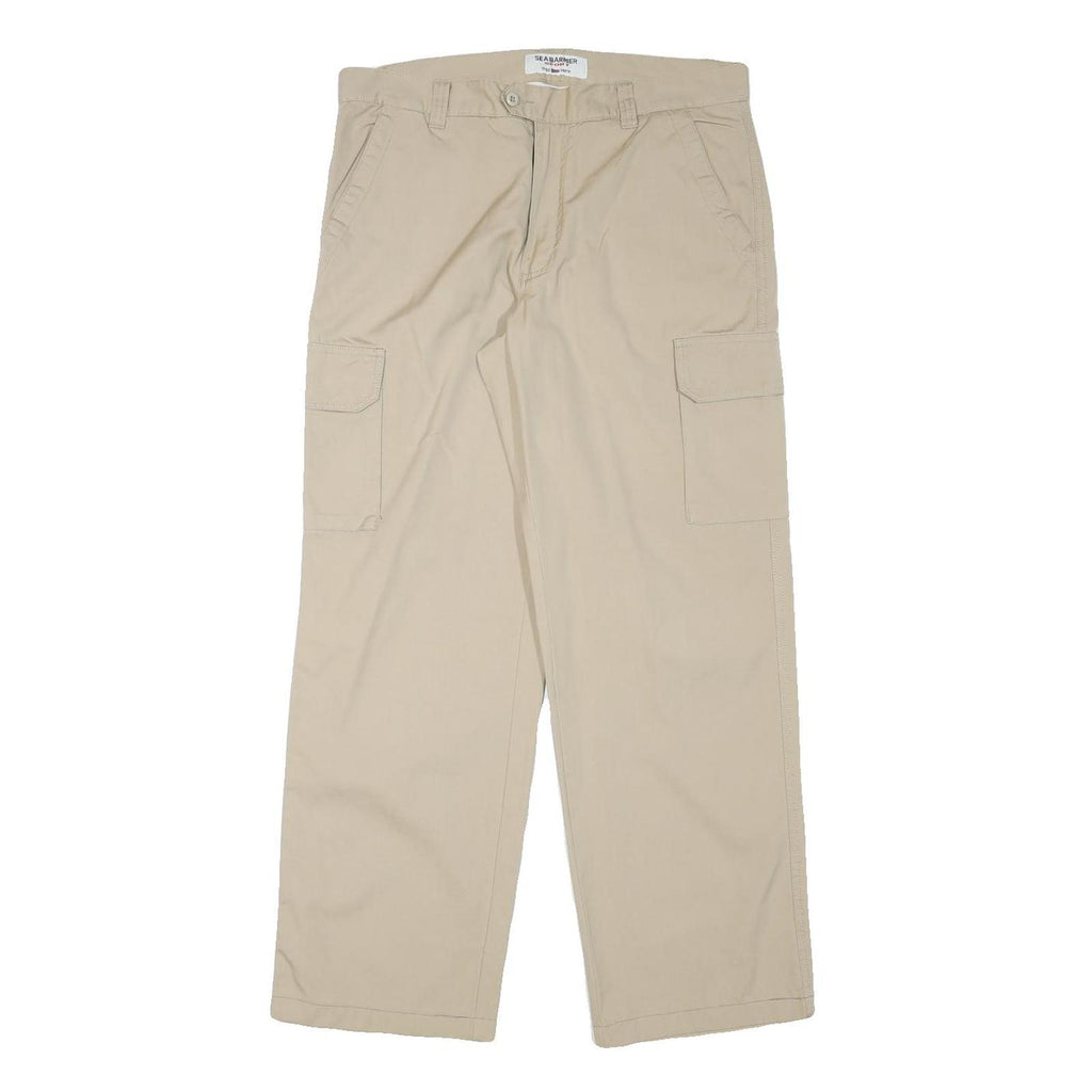 SEA BARRIER Mens Relaxed Beige Cotton Blend Zip Cargo Trousers W33 L30
