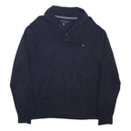TOMMY HILFIGER Mens Navy Plain Jumper Shawl Collar Cotton Blend L Casual