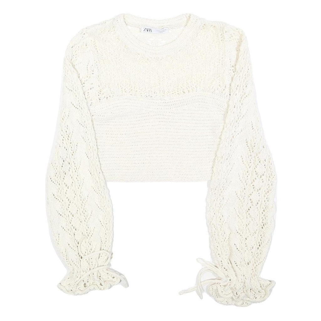 ZARA Womens Cream Patterned Jumper Round Neck Chunky Knit M Cropped Sleeve Ties