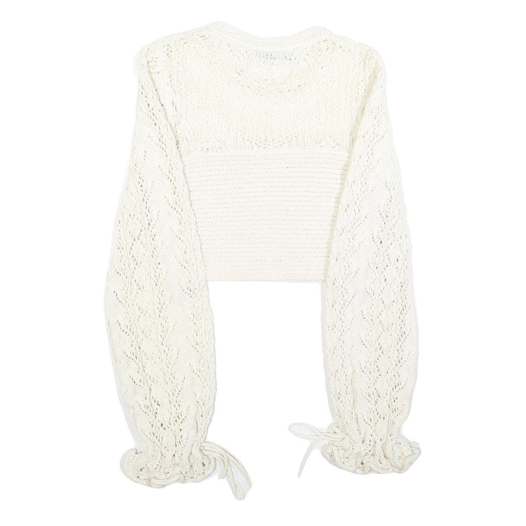 ZARA Womens Cream Patterned Jumper Round Neck Chunky Knit M Cropped Sleeve Ties