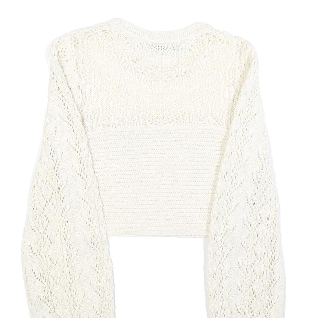 ZARA Womens Cream Patterned Jumper Round Neck Chunky Knit M Cropped Sleeve Ties