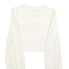 ZARA Womens Cream Patterned Jumper Round Neck Chunky Knit M Cropped Sleeve Ties