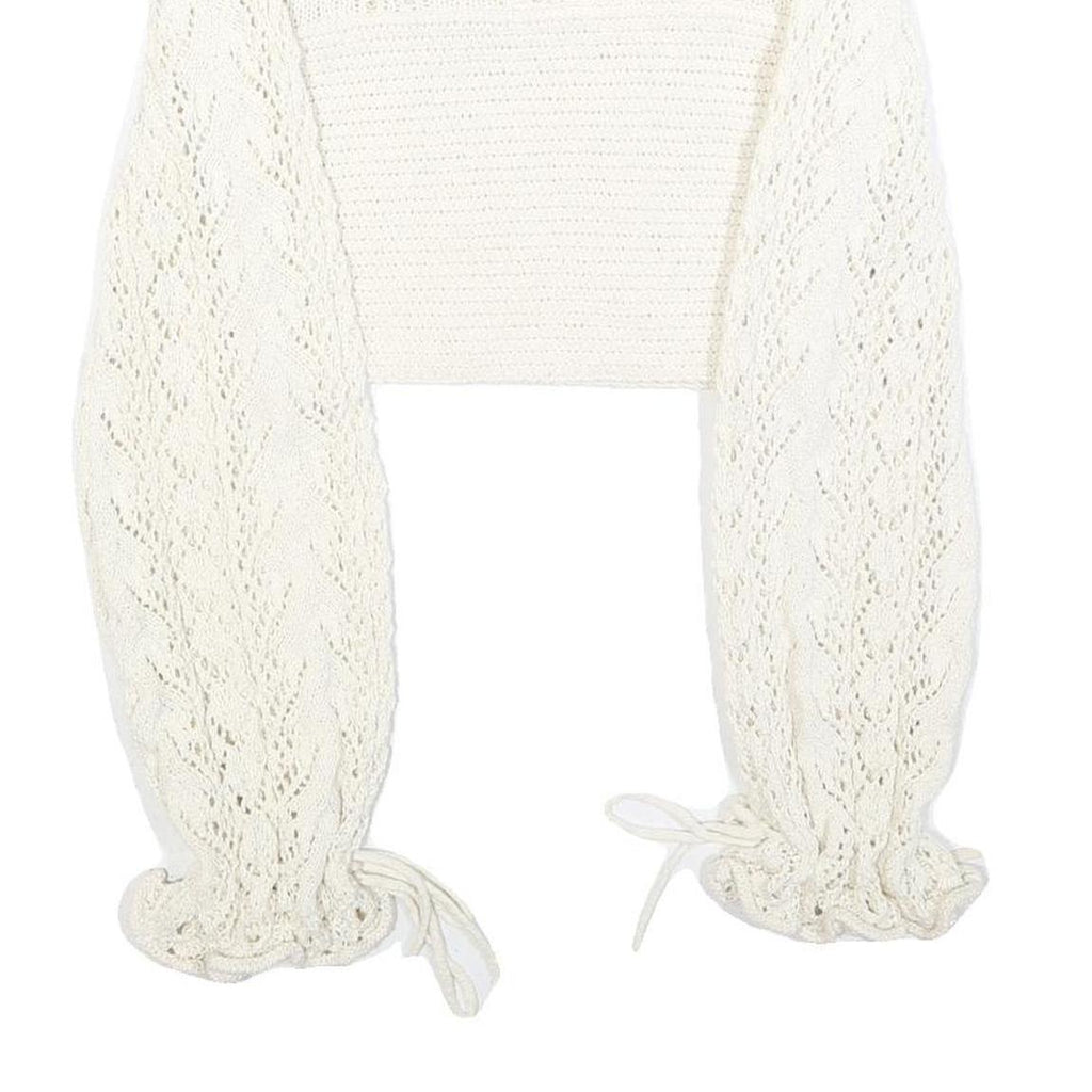 ZARA Womens Cream Patterned Jumper Round Neck Chunky Knit M Cropped Sleeve Ties