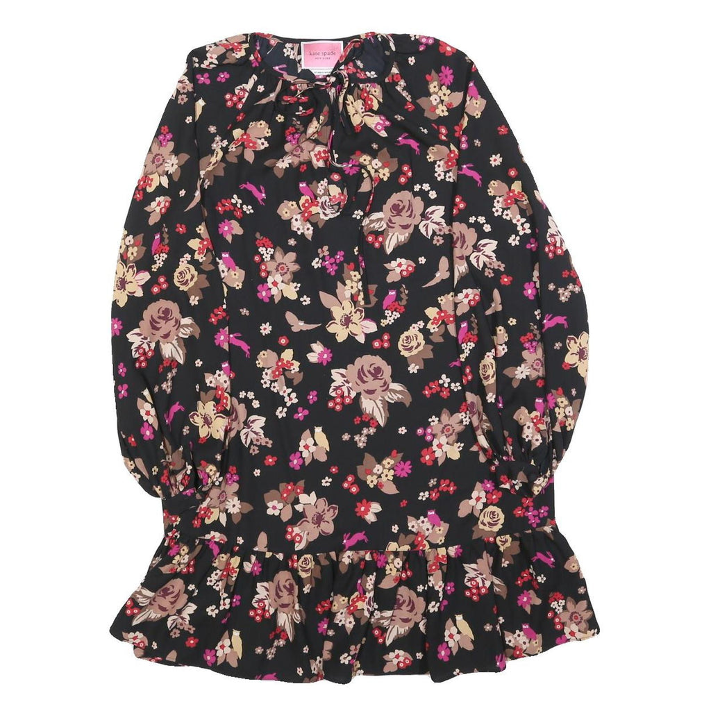 KATE SPADE Womens Black Floral Day Polyester Blend Mini Dress XS Tie Neck