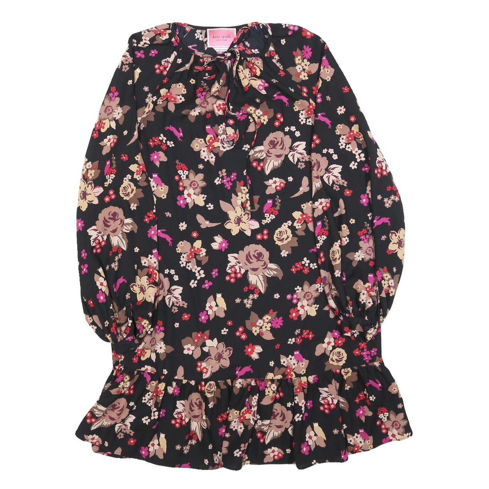 KATE SPADE Womens Black Floral Day Polyester Blend Mini Dress XS Tie Neck