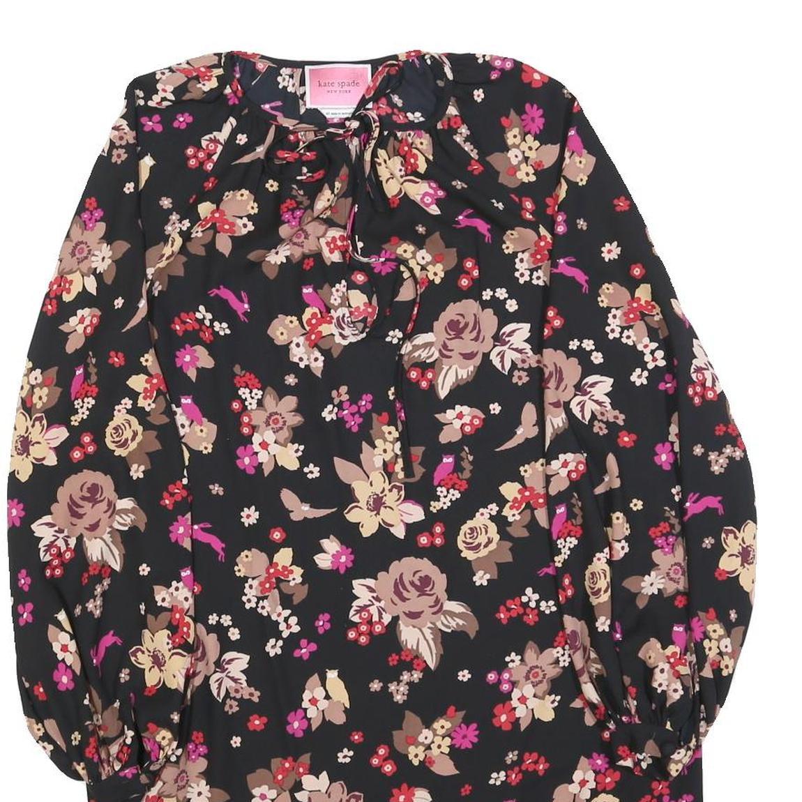 KATE SPADE Womens Black Floral Day Polyester Blend Mini Dress XS Tie Neck