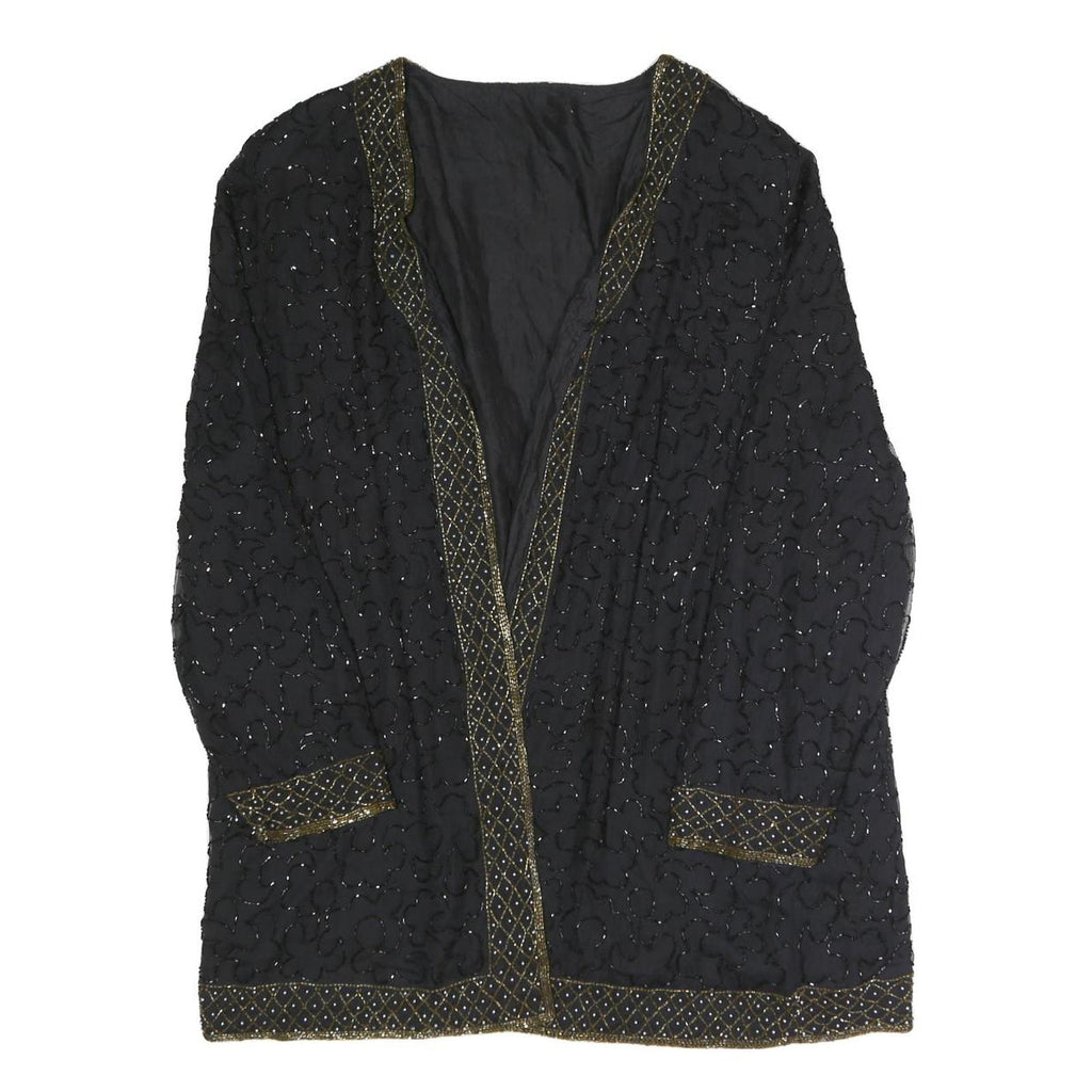 Womens Black Beaded Embellished Open Front Jacket XL Polyester Blend Evening