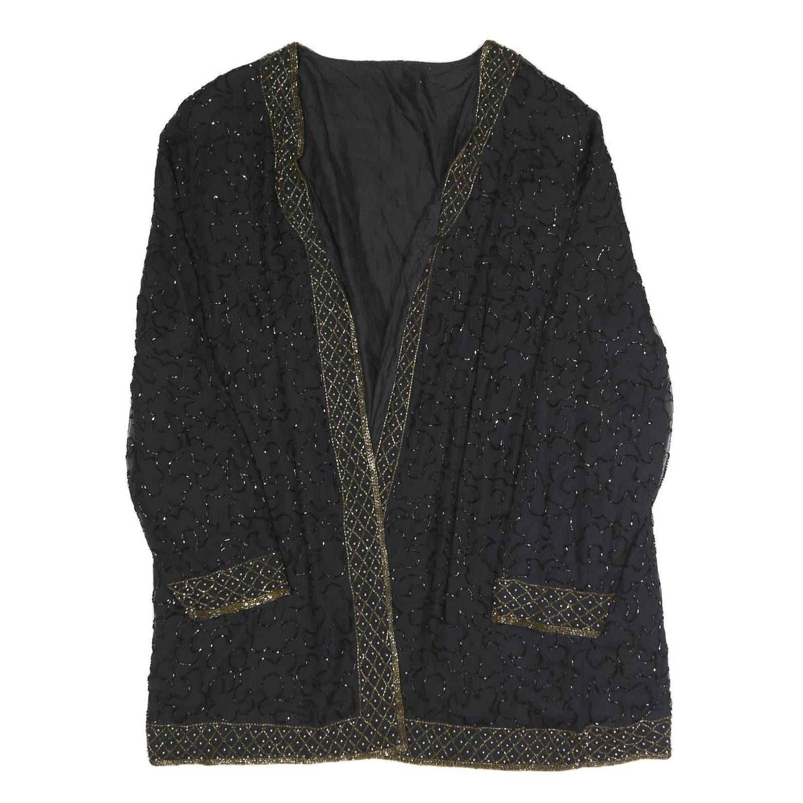 Womens Black Beaded Embellished Open Front Jacket XL Polyester Blend Evening