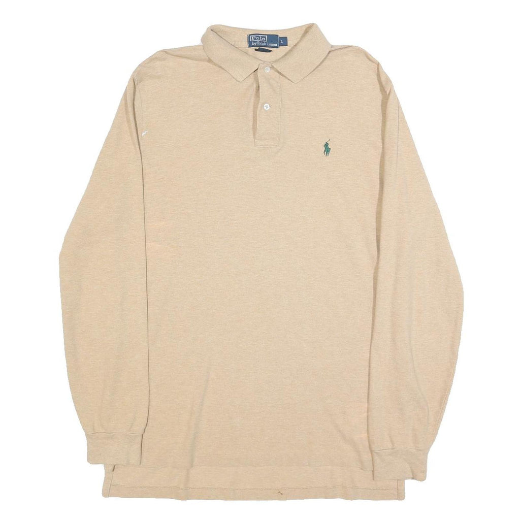 POLO RALPH LAUREN Mens Beige Long Sleeve Plain L Polo Shirt Cotton Blend Classic