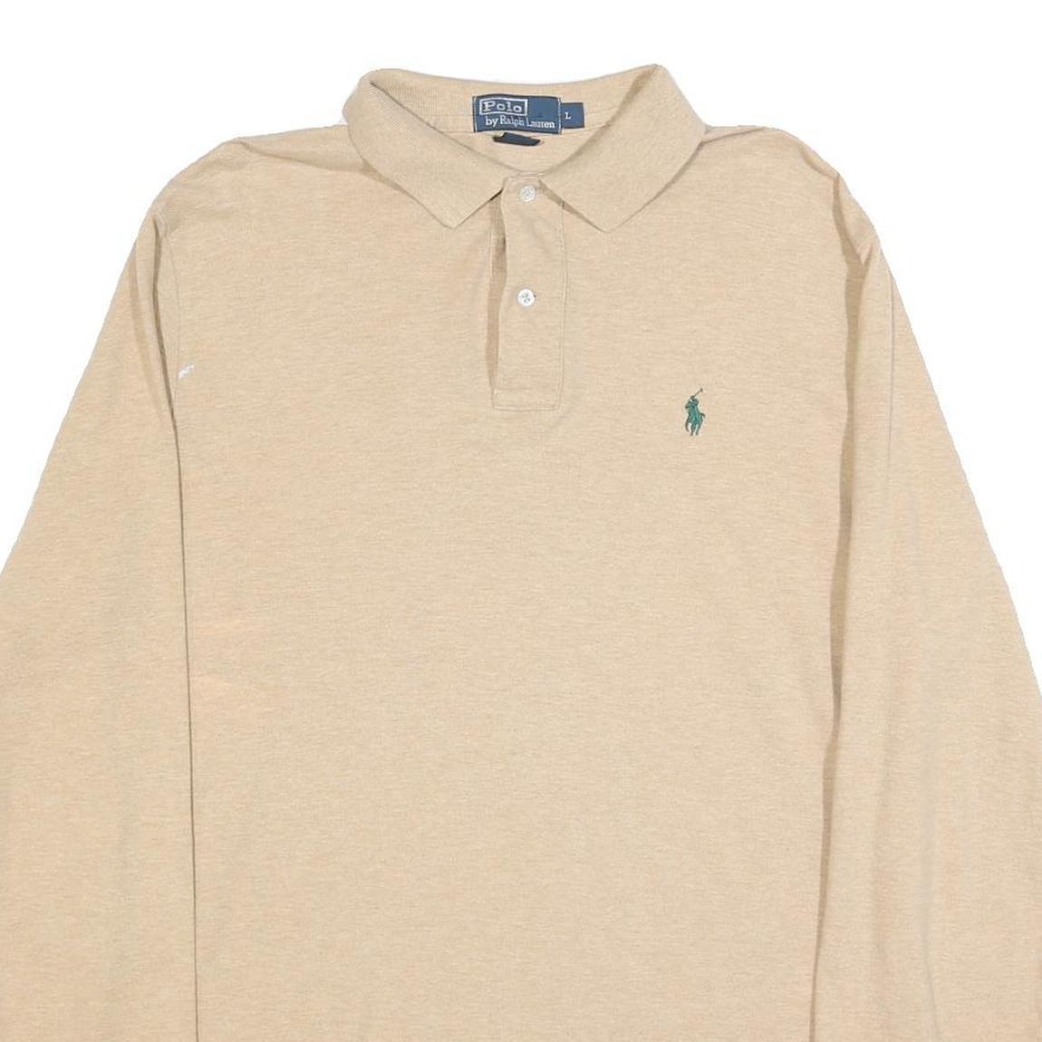 POLO RALPH LAUREN Mens Beige Long Sleeve Plain L Polo Shirt Cotton Blend Classic