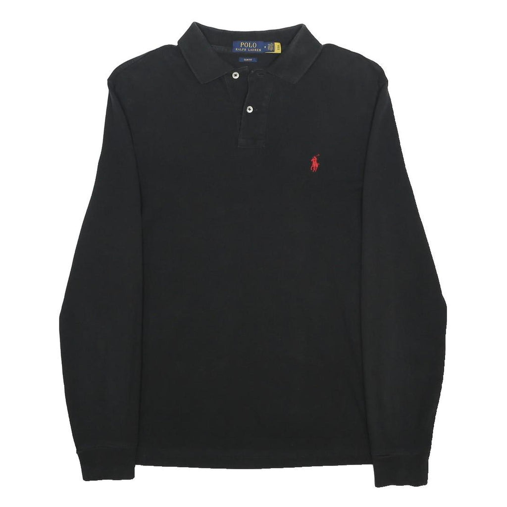 POLO RALPH LAUREN Mens Black Long Sleeve Plain M Cotton Polo Shirt Classic Style