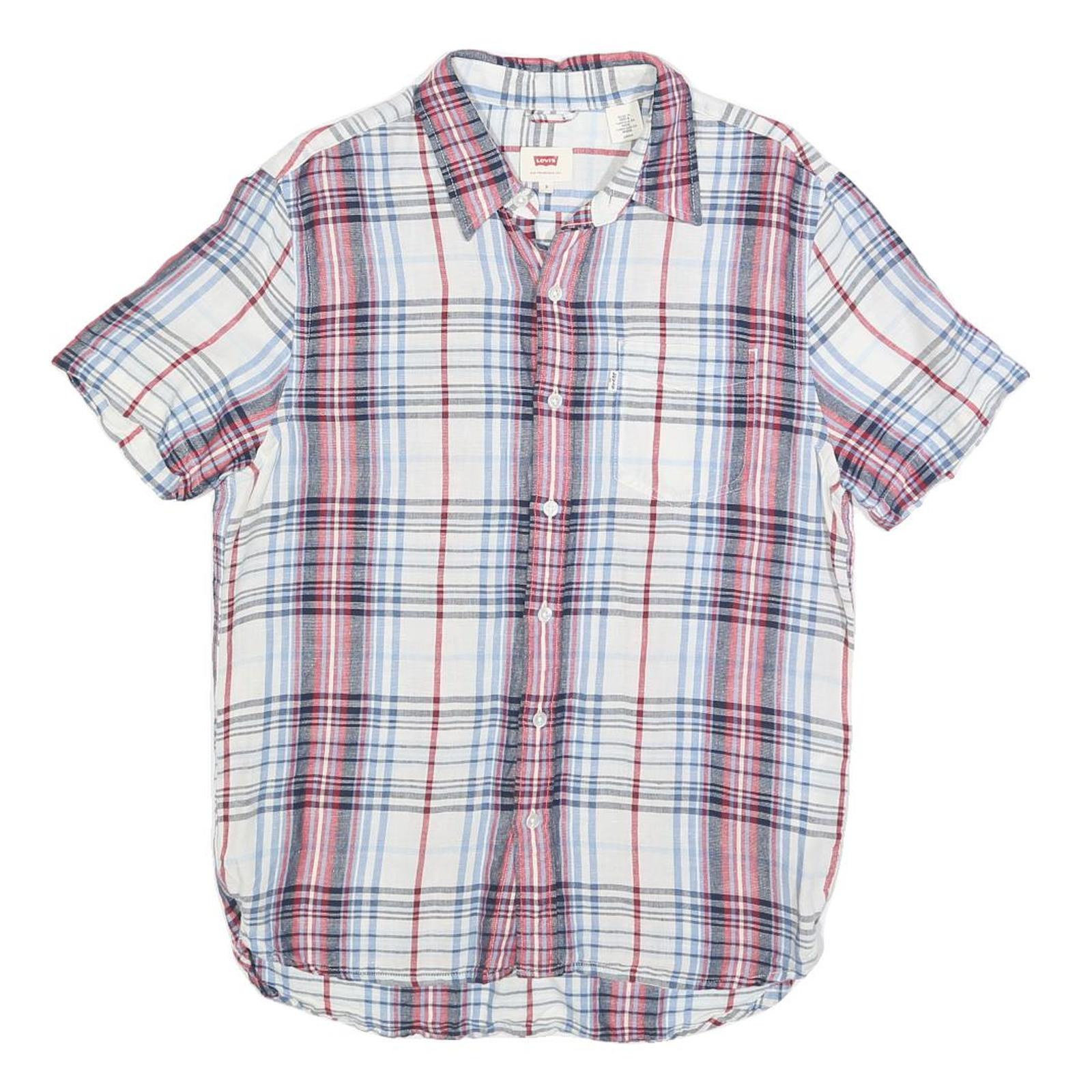 LEVI'S Mens White & Red Checked Shirt S Linen Blend Short Sleeve Casual