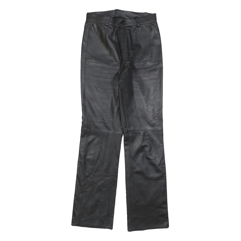 Womens Black Regular Leather Trousers W26 L32 Zip Closure Straight Leg
