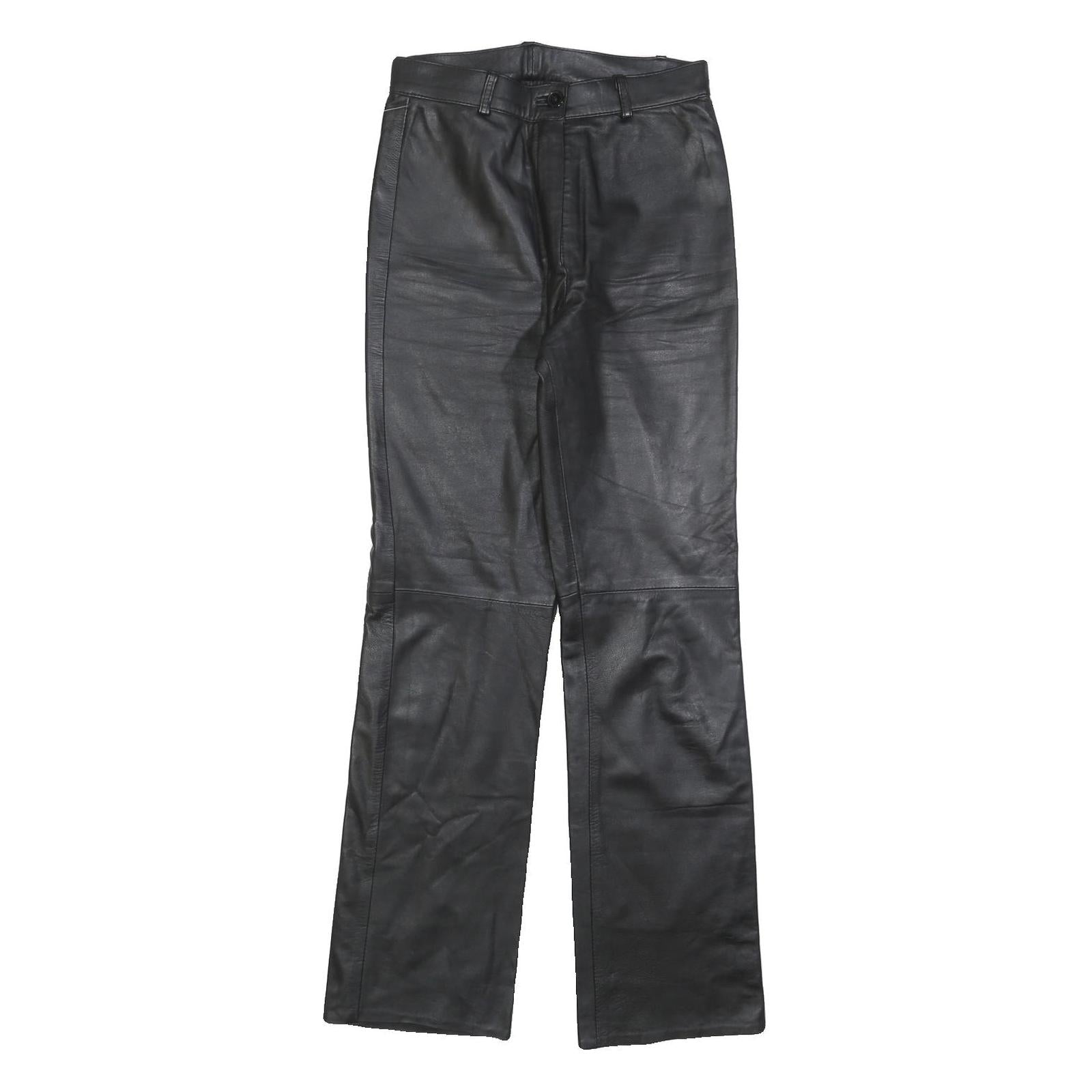 Womens Black Regular Leather Trousers W26 L32 Zip Closure Straight Leg