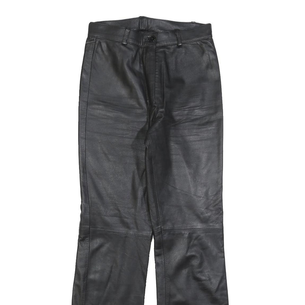 Womens Black Regular Leather Trousers W26 L32 Zip Closure Straight Leg