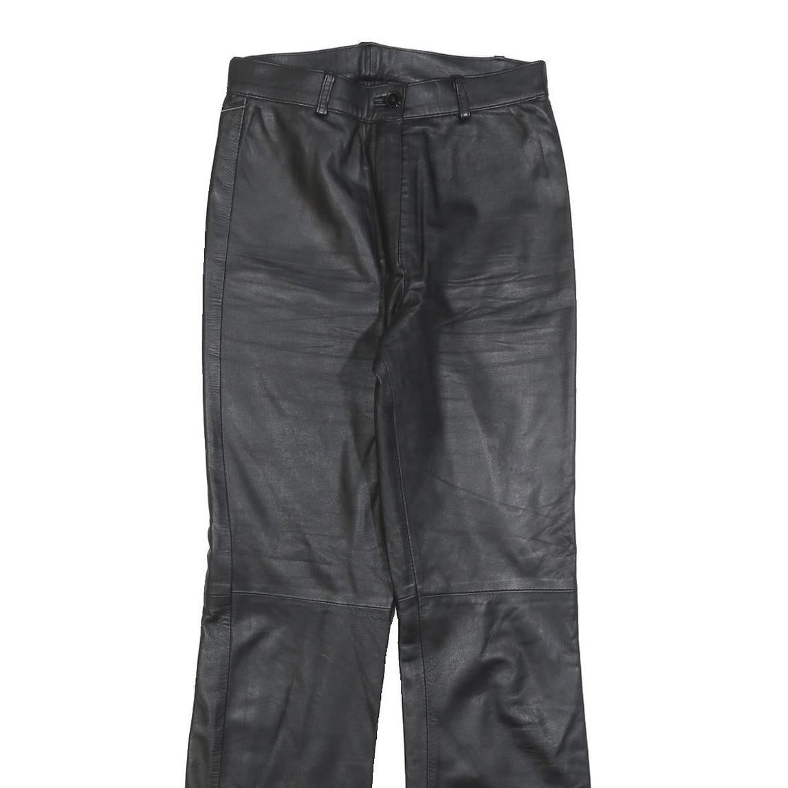 Womens Black Regular Leather Trousers W26 L32 Zip Closure Straight Leg