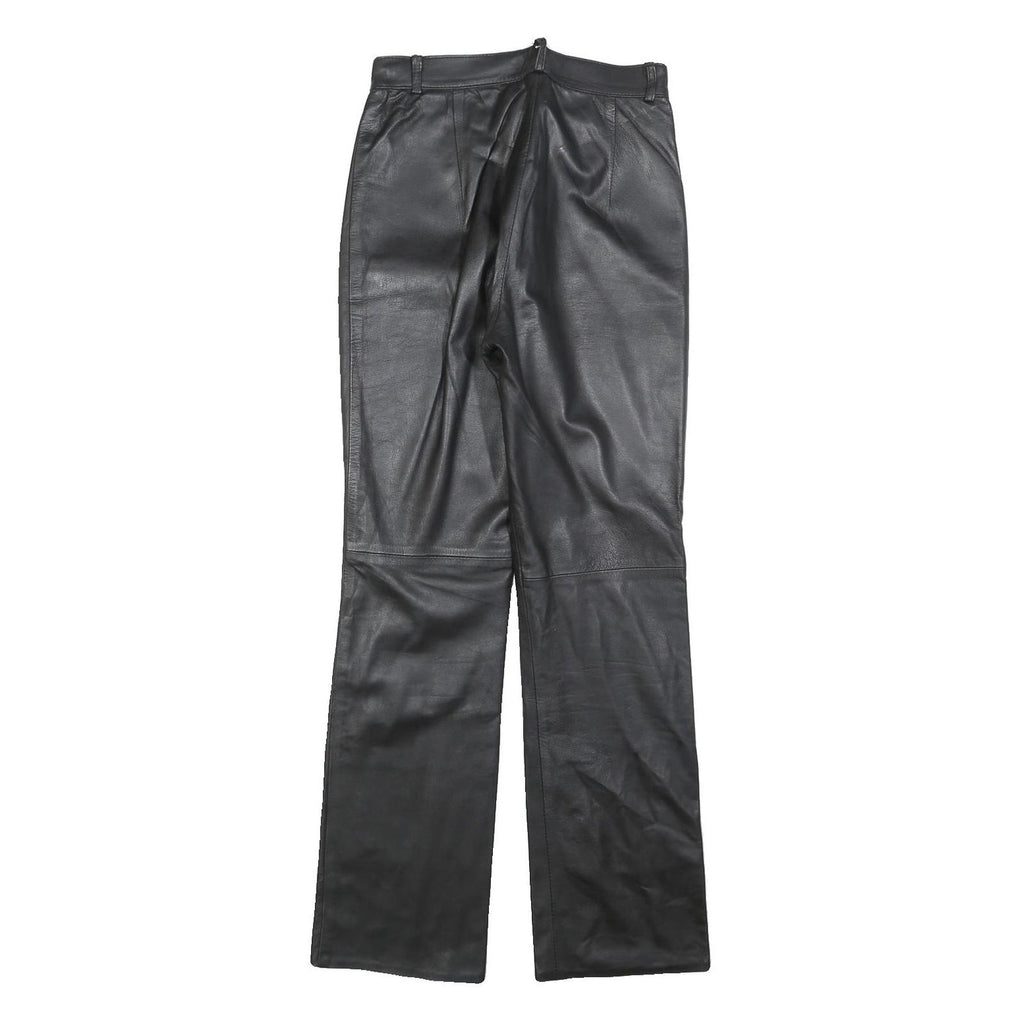 Womens Black Regular Leather Trousers W26 L32 Zip Closure Straight Leg