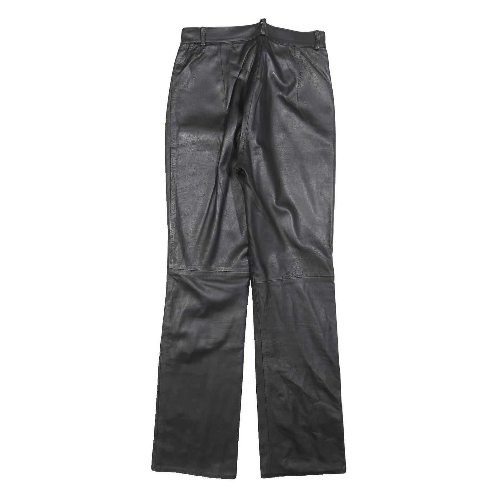 Womens Black Regular Leather Trousers W26 L32 Zip Closure Straight Leg