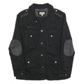 IDPDT Mens Black Cotton Button Jacket L Plain Military Style Pockets Elbow Patch