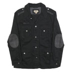 IDPDT Mens Black Cotton Button Jacket L Plain Military Style Pockets Elbow Patch
